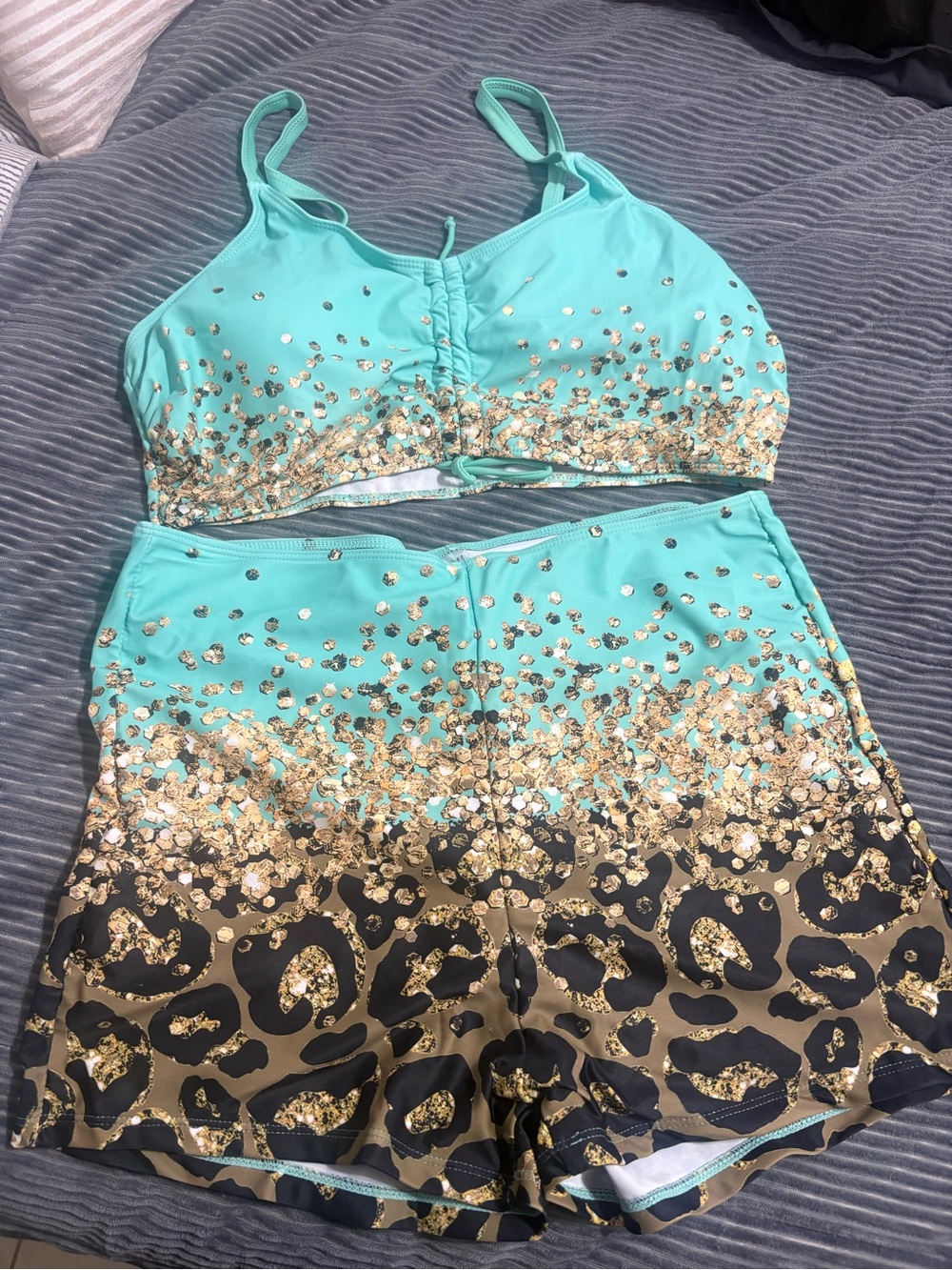 SHEIN Aqua Turquoise Gold-Sequin Two-Piece Swim Set